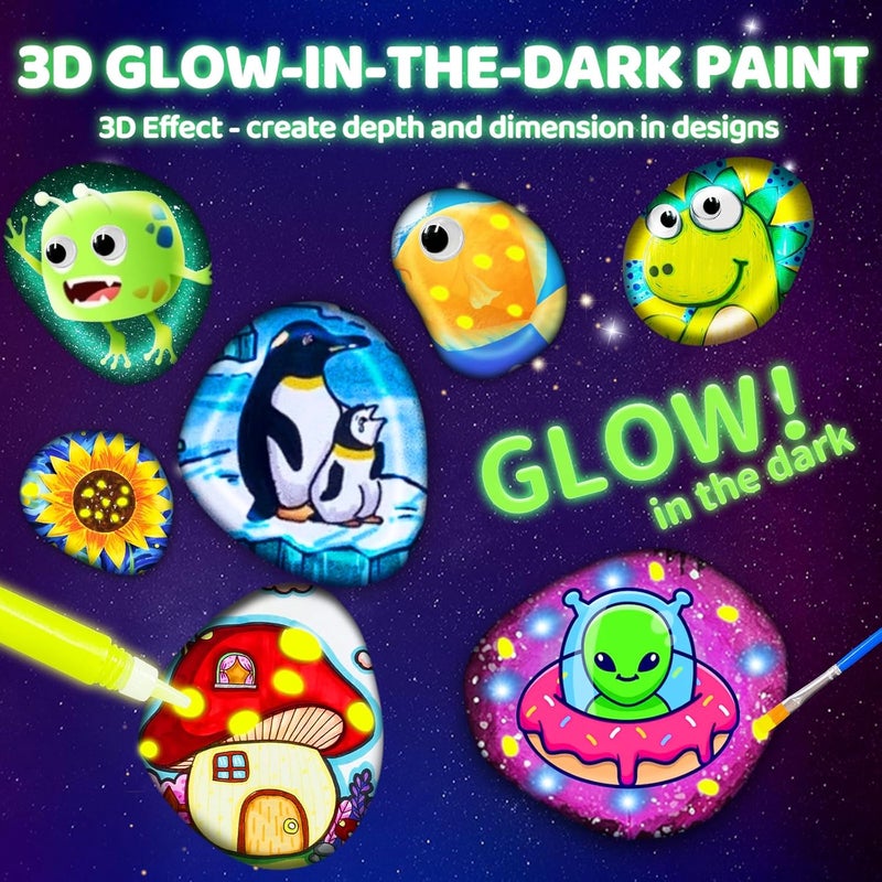 MindPal Kids Rock Painting Kit, 14 Pebbles for Painting - Glow in The Dark Rock Kit - Arts and Crafts for Kids Ages 6-12, Birthday Christmas Gift for Boys and Girls - Image 4